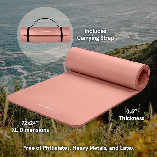 Retrospec Solana Yoga Mat 1/2" Thick w/Nylon Strap for Men & Women - Non Slip Exercise Mat for Yoga, Pilates, Stretching, Floor & Fitness Workouts