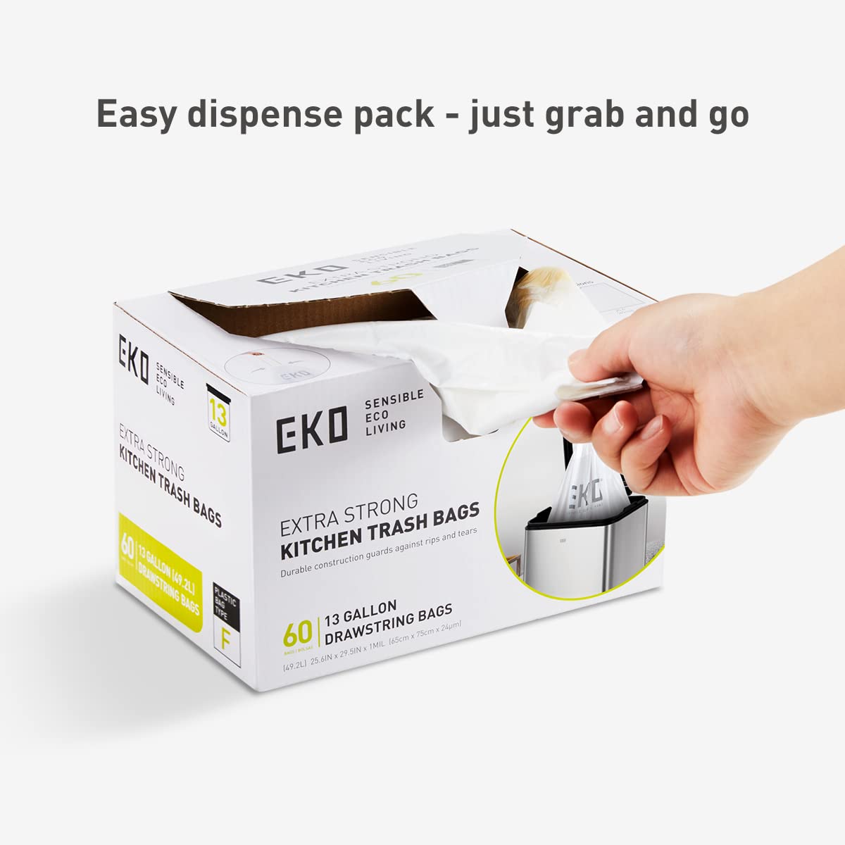 EKO 13 Gallon / 40-60 Liter Drawstring Trash Bags, Extra-Strong Unscented Garbage Bags, 60 Count Easy-Dispense Roll for Kitchen & Household Use, Leak-Resistant, Code F, White