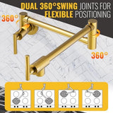 WOWOW Pot Filler Faucet Brushed Gold, Solid Brass Pot Filler Wall Mount Kitchen Stove Faucet with Double Joint Swing Arms