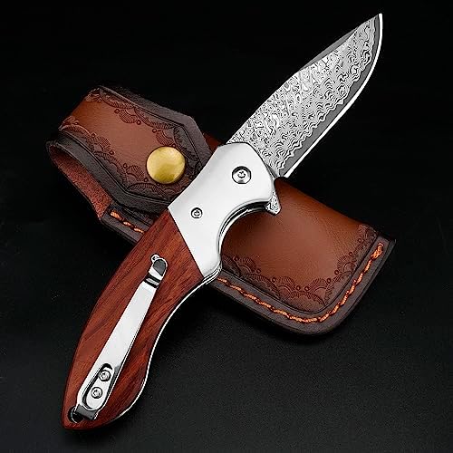 KOMWERO Damascus Pocket Knife, Sharp Damascus Steel Knife with Core VG10 Steel Blade Wood Handle, Folding Knife with Clip for Men Hunting, 60 HRC, Blade Length 3.34"