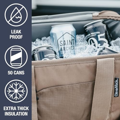 CleverMade Collapsible Cooler Bag, 50 Can Beach & Travel Car Cooler, Folding Soft Cooler, Shoulder Strap, Bottle Opener, Great Car Coolers for Travel, Leak Proof Cooler Bag [Cool Gray/Cognac]