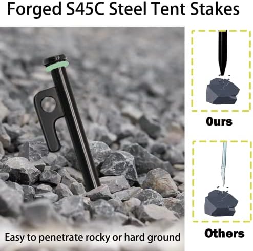 Heavy Duty 8in Forged Steel Tent Stakes (8Pcs) + 10in Tent Stakes Hammer & Storage Pouch, Ideal for Camping on Rocks