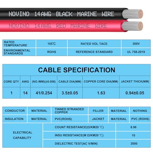 14 Gauge Marine Wire Include 14 AWG 100FT Red & 100FT Black,14 Gauge Marine Grade Wire Tinned Copper Oxygen-Free Boat Electrical Cable for Automotive/RV/Camper/Trailer Outdoor Use