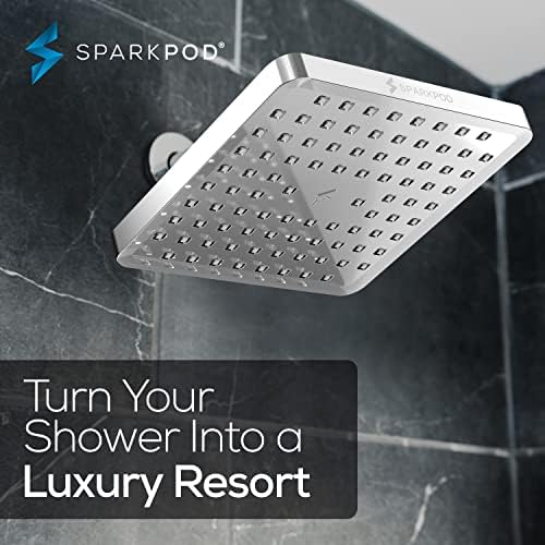 SparkPod Shower Head - High Pressure Rain - Premium Quality Luxury Design - 1-Min Install - Easy Clean Adjustable Replacement for Your Bathroom Shower Heads (Luxury Polished Chrome, 8 Inch Square)
