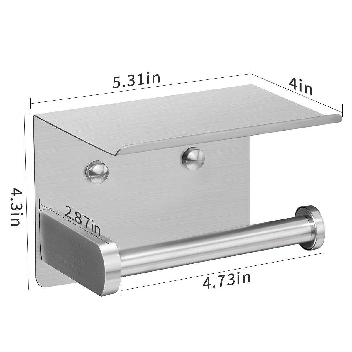 VAEHOLD Self Adhesive Toilet Paper Holder with Phone Shelf Stainless Steel Wall Mounted Toilet Paper Roll Holder - Rustproof and Bathroom Washroom Tissue Roll Holder with Storage Shelf - Silver