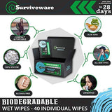 Surviveware Biodegradable Wipes Men or Women - Shower Wet Wipes Face, Body & Butt - Outdoors, Travel, Camping & Post Workout - Total of 40 Wipes - 1 Count, Pack of 40