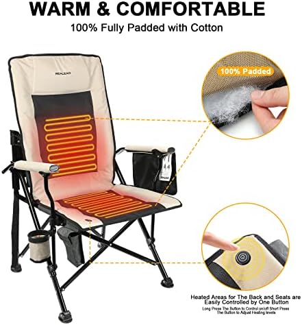 REALEAD Heated Camping Chairs - Fully Padded - Heavy Duty Folding Chairs for Outside, Supports 400 lbs, Portable Outdoor Camp Chairs for Sport Events, Concert, Beach