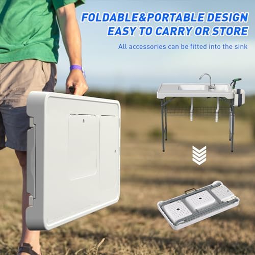Fish Cleaning Table with Sink 42.6" Width Portable Folding Camping Table with Measure Mark|Outdoor Fish Cleaning Station with Grid Rack&Fish Cleaning Kit for Picnic, Patio