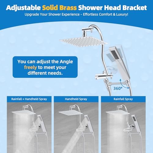 Hibbent All Metal Shower Head, 10'' High Pressure Rainfall Shower Head, Showerhead Combo, Handheld Shower Wand, 12'' Adjustable Curved Shower Extension Arm, 71'' Hose, Shower Head Holder, Chrome