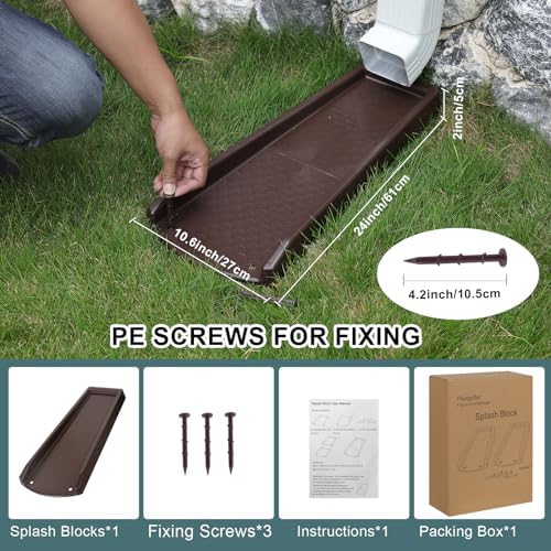 Rain Gutter Downspout Splash Block, Gutter Downspout Extensions for Water Drainage, 24" Gutter Splash Guards Downspout Extender, Fixable Down spout Drain Trays with PE Nails(1 Pack, Brown)