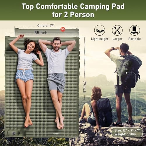 Elegear Double Sleeping Pad for Camping, 4" Ultra-Thick Self Inflating Camping Pad 2 Person with Pillow Built-in Foot Pump, Portable Camping Sleeping Mat for Backpacking, Hiking, Tent(Army Green Full)