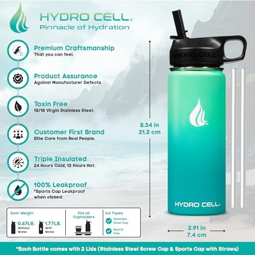 HYDRO CELL Stainless Steel Insulated Water Bottle with Straw - For Cold & Hot Drinks - Metal Vacuum Flask with Screw Cap and Modern Leakproof Sport Thermos for Adults (Mint/Green 18oz)