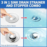 Bathroom Sink Drain Strainer, Pop-Up Bathroom Sink Stopper with Removable Stainless Steel Hair Catcher Basket, Universal Fit for US Bathroom Sinks, Bathtubs, Showers & Floor Drains (4 Pack)