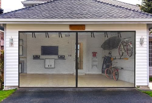Garage Screen Doors for 1 car garage-12x8FT Fiberglass Durable Heavy Duty Magnetic Garage Door Screen Retractable Hands Free with 6 Roll Up Starps for Patio Workshop Home Gym Sun Room