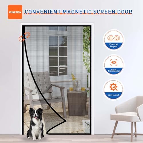 MAGZO Magnetic Screen Door Fit Door Size 72 x 80 Inches, Actual Screen Size 74 x 81 Inch Heavy Duty Side Opening Polyester Screen Curtain for Sliding Door Broader View, Black