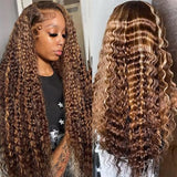 Ijowa 13x4 Highlight Ombre Deep wave Lace Front Wigs Human Hair P4/27 Colored HD Transparent Honey Blonde Curly Lace Frontal Wigs Pre Plucked 180% Density with Baby Hair 26inch