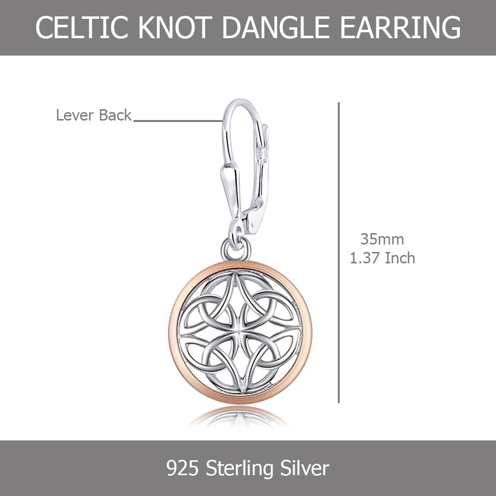LeCalla 925 Sterling Silver Celtic Knot Earrings | Two-Tone Jewelry | Lightweight Celtic-Knot Leverback Drop Dangle Earring for Women - 35mm