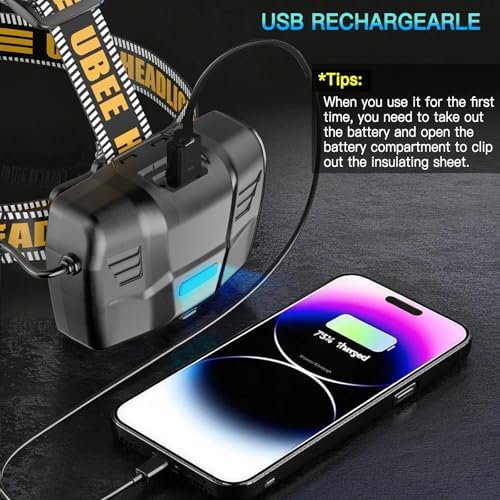 UBEE Headlamp Rechargeable, 800LM Head Lamp Super Bright LED Rechargeable Head Lamps with 7 Modes & IP68 Waterproof Rechargeable Headlamp,Adjustable Head Lamp for Outdoor Camping Hiking Climbing