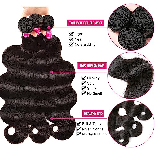 Body Wave Bundles with Closure Human Hair (16 18 20 +14) Brazilian Human Hair 3 Bundle with 4x4 HD Lace Closure Free Part 10A Grade 100% Unprocessed Virgin Hair Body Wave Bundles Natural Color