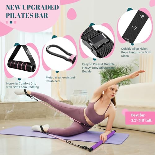Pilates Bar Kit with Resistance Bands, Multifunctional Yoga Pilates Bar with Heavy-Duty Metal Adjustment Buckle, Portable Home Gym Pilates Resistance Bar Kit for Women Full Body Workouts
