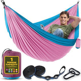 Durable Hammock 400 lb Capacity, Nylon Camping Hammock Chair - Double or Single Sizes w/Tree Straps and Attached Carry Bag - Portable for Travel/Backpacking/Beach/Backyard (Medium, Fuchsia & Sky Blue)