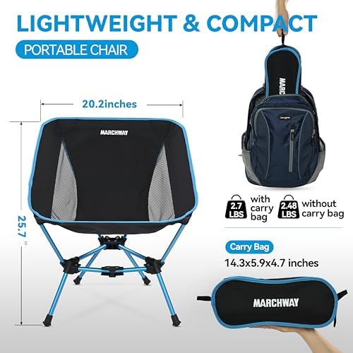 MARCHWAY Lightweight Folding Camping Chair, Stable Portable Compact for Outdoor Camp, Travel, Beach, Picnic, Festival, Hiking, Backpacking, Supports 330Lbs (Blue)