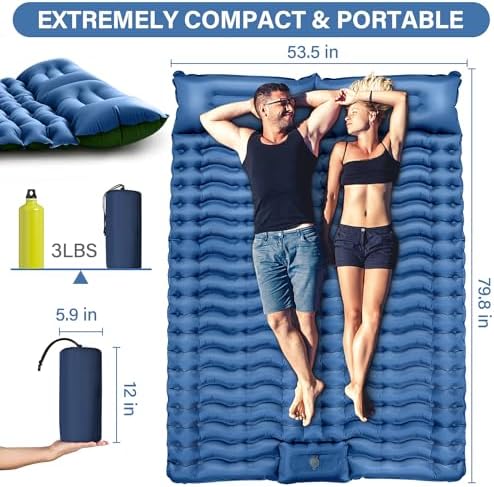 Double Sleeping Pad for Camping- Self Inflating 4"" Extra-Thick with Pillow Built-in Foot Pump Inflatable Sleeping Mat for Backpacking, Hiking, Traveling, Tent