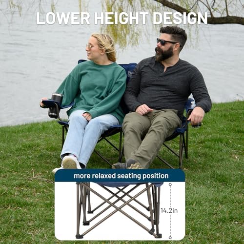 Timber Ridge 2 Person Folding Loveseat Comfortable Double Foldable Camping Chair Folding Lawn Chairs for Outside, Blue