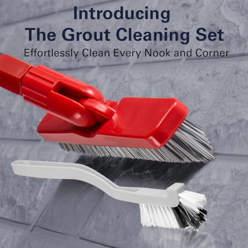 Foxtrot Living Grout Brush with Long Handle & Handheld Stiff Bristle Scrubber, V-Shaped Cleaner with Telescopic Handle for Easy Cleaning & Storage - Tile Floor Cleaning Brush
