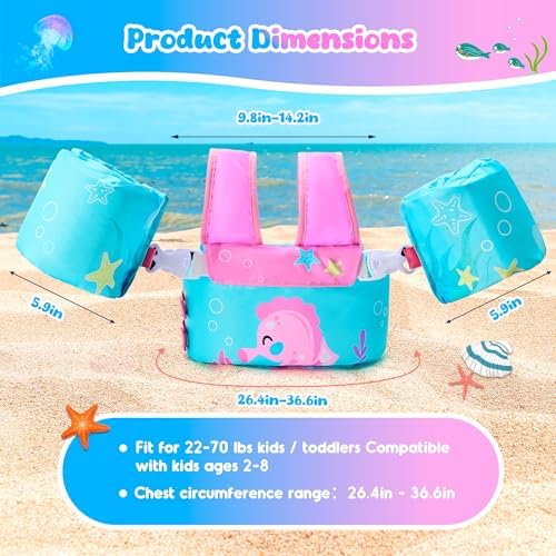 NEMONE Toddler Swim Vest for 22-70 lbs Kids Floaties Swim Jacket with Arm Water Wings for Girls Boys 2 3 4 5 6 7 Years Old Sea Beach Pool