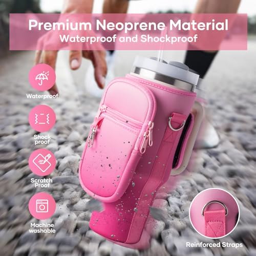 linmaya Water Bottle Carrier Bag with Phone Pocket for Stanley Cup 40/30oz,Insulated Neoprene Water Bottle Holder Cross-boday Bag with Adjustable Shoulder & Handheld Strap Stanley Cup Accessories