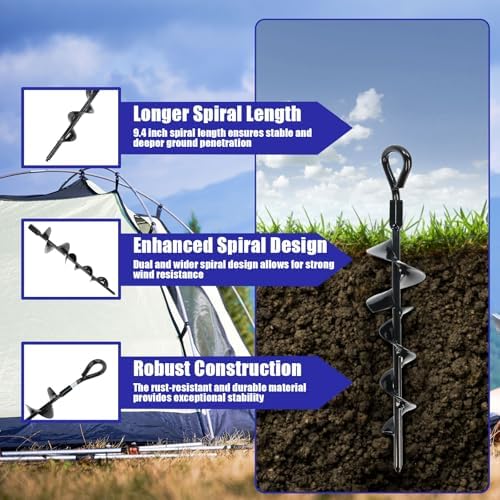 Eazy2hD 6 Pack Tent Stakes Heavy Duty, 15 Inch Ground Anchors Screw in, Metal High Winds Trampoline Stake with Nut and Tool, Spiral Anchor Kit for Camping, Swing Set, Mobile Home, Car Ports
