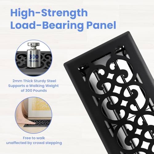 4x10 Inches Heavy Duty Walkable Floor Register Easy Adjust Air Supply Lever Floor Vents - Charlotte Design - Vent Cover for Home Floor - Matte Black