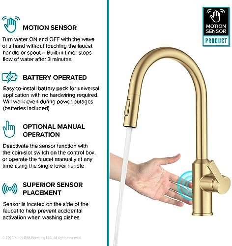 Kraus Oletto Kitchen Faucets Touchless Sensor Single Handle Pull-Down Sprayer in Brushed Brass, KSF-2830BB