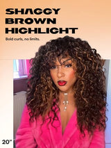 GORGIUS Highlight Brown Curly Wig with Bangs Glueless Synthetic Bang Wigs with Realistic Scalp Put On ang Go Beginner Friendly 20 Inch