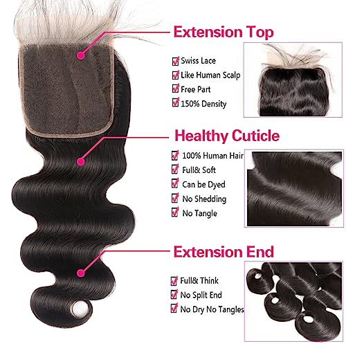 Body Wave Bundles with Closure Human Hair (16 18 20 +14) Brazilian Human Hair 3 Bundle with 4x4 HD Lace Closure Free Part 10A Grade 100% Unprocessed Virgin Hair Body Wave Bundles Natural Color