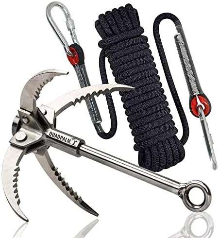 Grappling Hook with 10m Rope – Multifunctional QUADPALM Grapple Hook - 4 Stainless Steel Folding Claws - Heavy Duty - Outdoor Camping Hiking Tree Rock Mountain Climbing Equipment