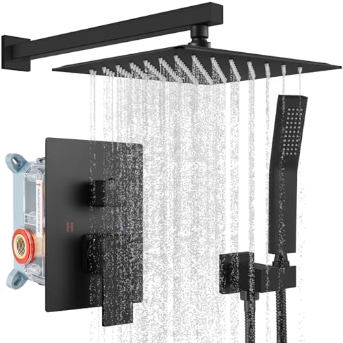gotonovo Rainfall Bathroom Shower System Rain Shower Head and Handle Set Wall Mounted Shower Complete Combo Solid Brass Pressure Balancing Shower Mixer Valve 10 Inch Matte Black