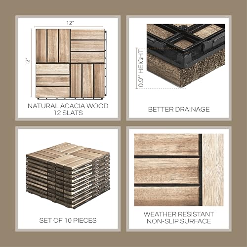 10 Pcs Interlocking Deck Tiles, Patio Flooring - Outdoor Waterproof Acacia Wood Tiles for All Weather Use - Balcony, Backyard, Indoor & Outdoor (White, 10 Pcs - 12.1 Square Ft)