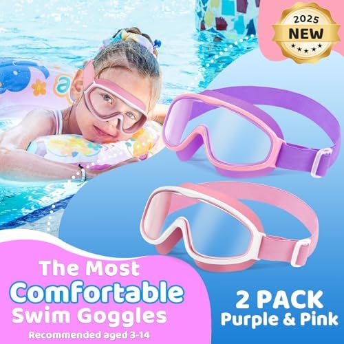 Vvinca Kids Goggles with Comfort Fabric Strap, Kids Swim Goggles Wide View Anti-Fog/UV No Leaking Swimming Goggles for 3-14