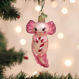 Old World Christmas Axolotl with Candy Cane Glass Blown Ornament for Christmas Tree, Handcrafted Holiday Decoration, Holiday Animal Collection