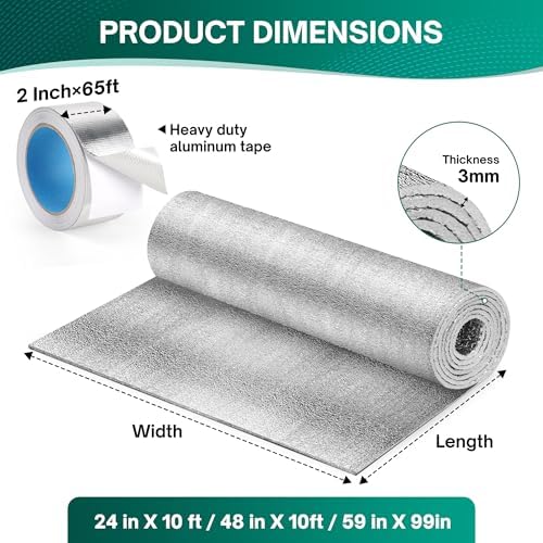Window Insulation for Summer Heat, Reflective Insulation Roll 59 in X 99 in, Double-Sided Aluminum Foam Core Radiant Barrier Kit with Tape for RV Windows Garage Door