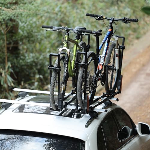 TOOENJOY Rooftop Bike Rack for Car SUV, Upright Roof Mount Bicycle Rack with 2 Arms for Movable Crossbar, 2 Bike Carrier