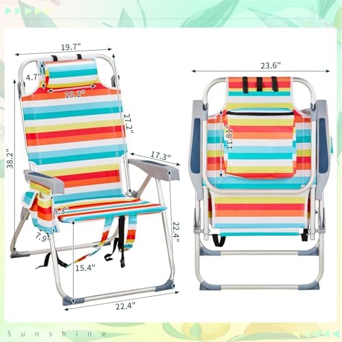 Outvita Backpack Beach Chair, 5 Level Adjustable Positions Beach Chair with Back Storage Bag, Cooler Pouch and Side Bags for Beach Poolside Lawn