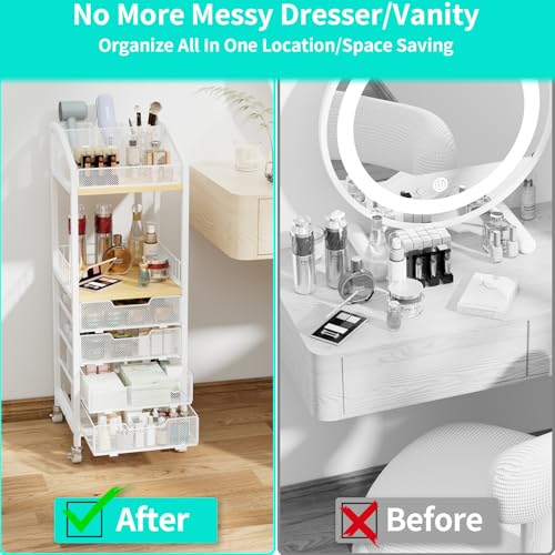 HapiRm Makeup Organizer Storage Cart - Floor Skincare Make Up Storage with 4 Drawers, Rolling Makeup Cart Vanity Organizer Cosmetics Display Cases Holder for Skin Care Perfume Nail Polish