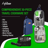 30 Pcs Camp Cooking Utensil Set & Outdoor Kitchen Gear Cookware Kit, Portable Compact Carry Case for Camping, Hiking, Travel, BBQ Grilling Stainless Steel Accessories Spoon & Fork, Navy