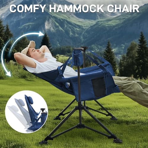 EVER ADVANCED Padded Hammock Camping Chair, Oversized Heavy Duty Swing Chair with Detachable Cup Holder, Portable Folding Rocking Camping Chair for Outdoor&Indoor, Support Up to 400lbs, Blue