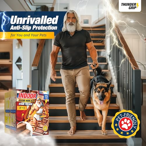 Clear Stair Treads Non-Slip 30"x6" - 15-Pack Indoor Stair Grips Non Slip for Wooden Steps - Anti Slip Adhesive Strips for Dogs & Elderly - Staircase Step Treads - Transparent Treads for Wood Stairs