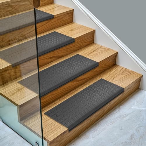 Ottomanson Indoor/Outdoor Hose-Wash Square Edge Design Non-Slip Rubber 10" x 25.5" Modern Stair Treads for Stairs, Garage, Patio, 5 Pack, Black