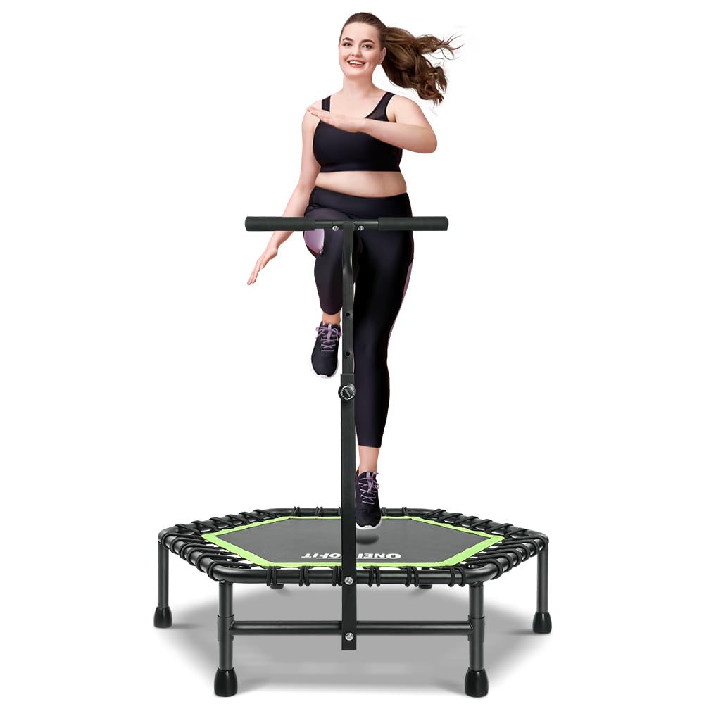 ONETWOFIT 42"/45" Rebounder Trampoline for Adults, Silent Mini Trampoline Indoor Exercise Fitness Trampoline Bungee Rebounder Workout Max Load 330lbs (45IN-Green-with-Handle)